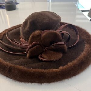 SUZANNE Couture Military Brown Wide Rim Hat with Mink Trim